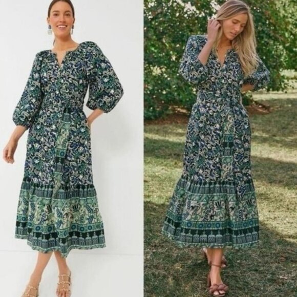 Tuckernuck NEW Batik Floral Lyles Green Blue Puff Sleeve Belted Midi Dress M - Picture 2 of 12